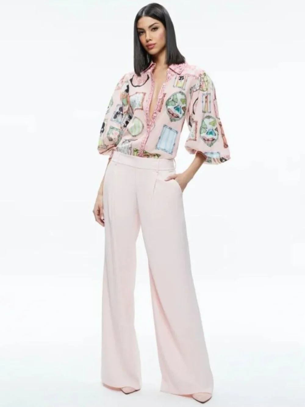 Alice + Olivia Tiffie Mirror Stace Face Drama Sleeve Blouse Medium - Picture 5 of 12